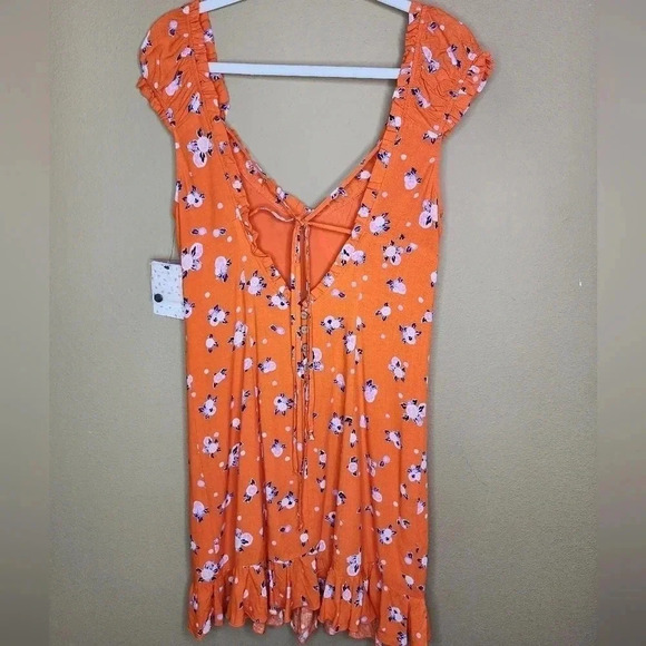 Free People Like a Lady Orange Citrus Floral Mini Dress Lace Up Back S NWT - Picture 3 of 16